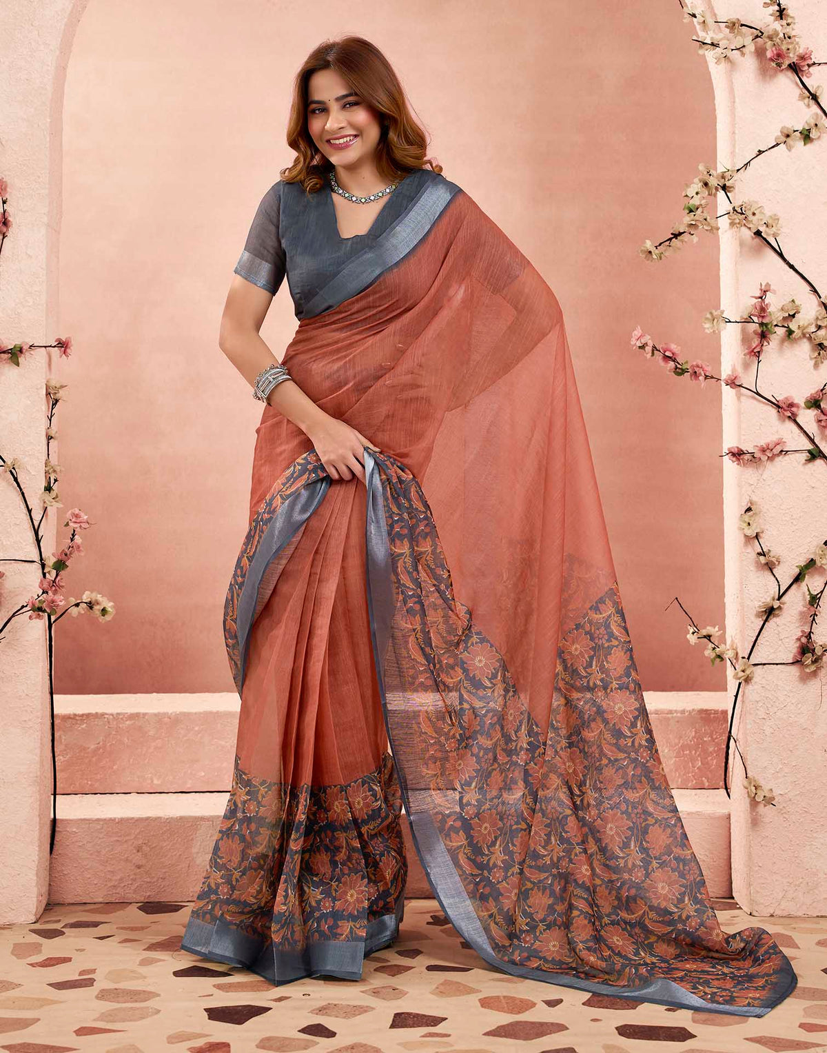 Ready To Wear Rust Linen Floral Printed Saree