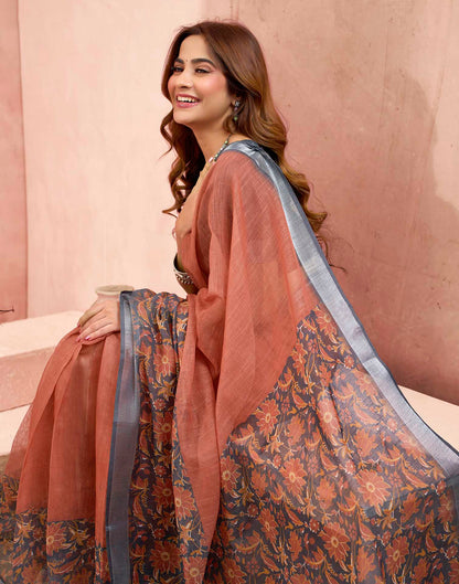 Ready To Wear Rust Linen Floral Printed Saree