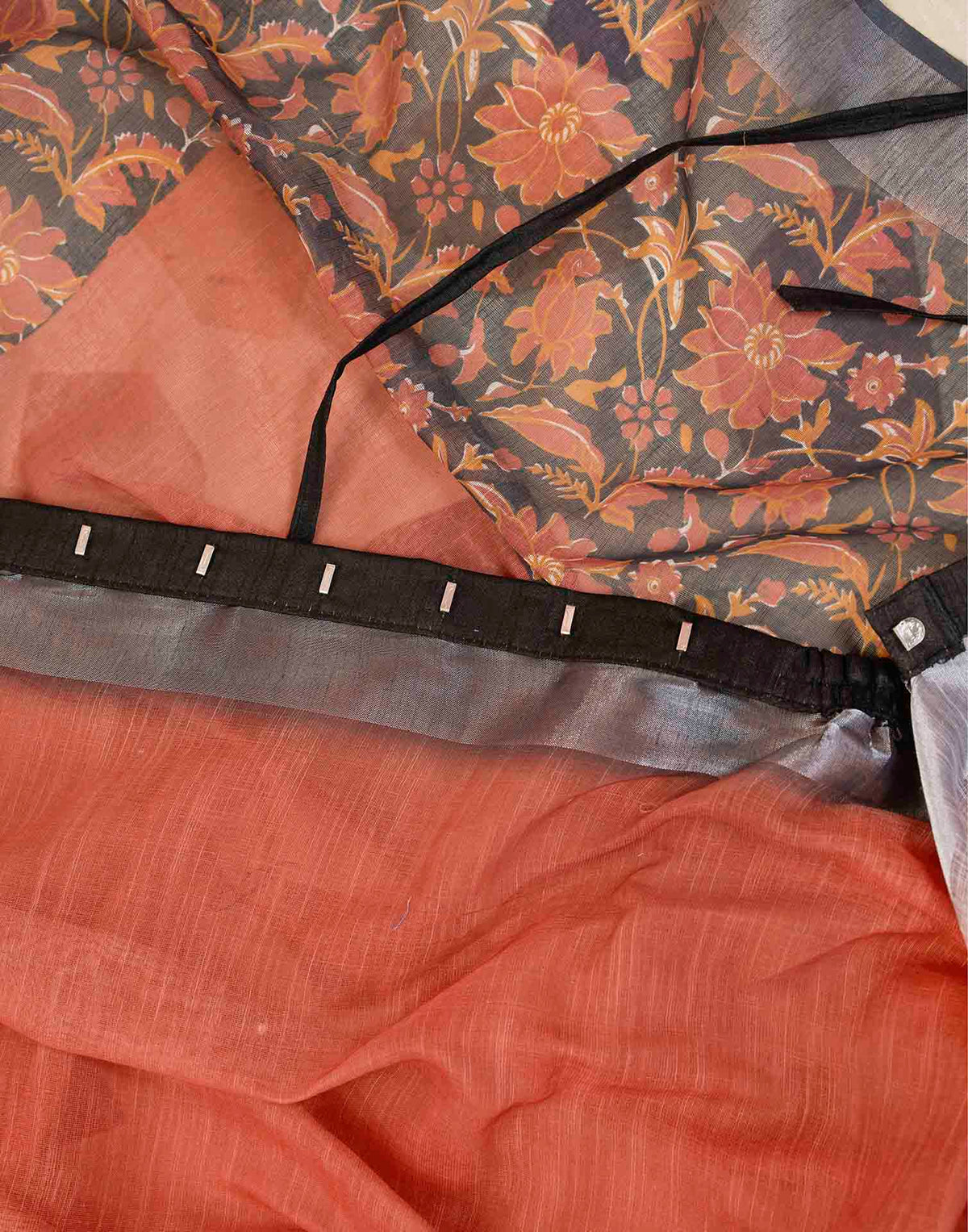 Ready To Wear Rust Linen Floral Printed Saree