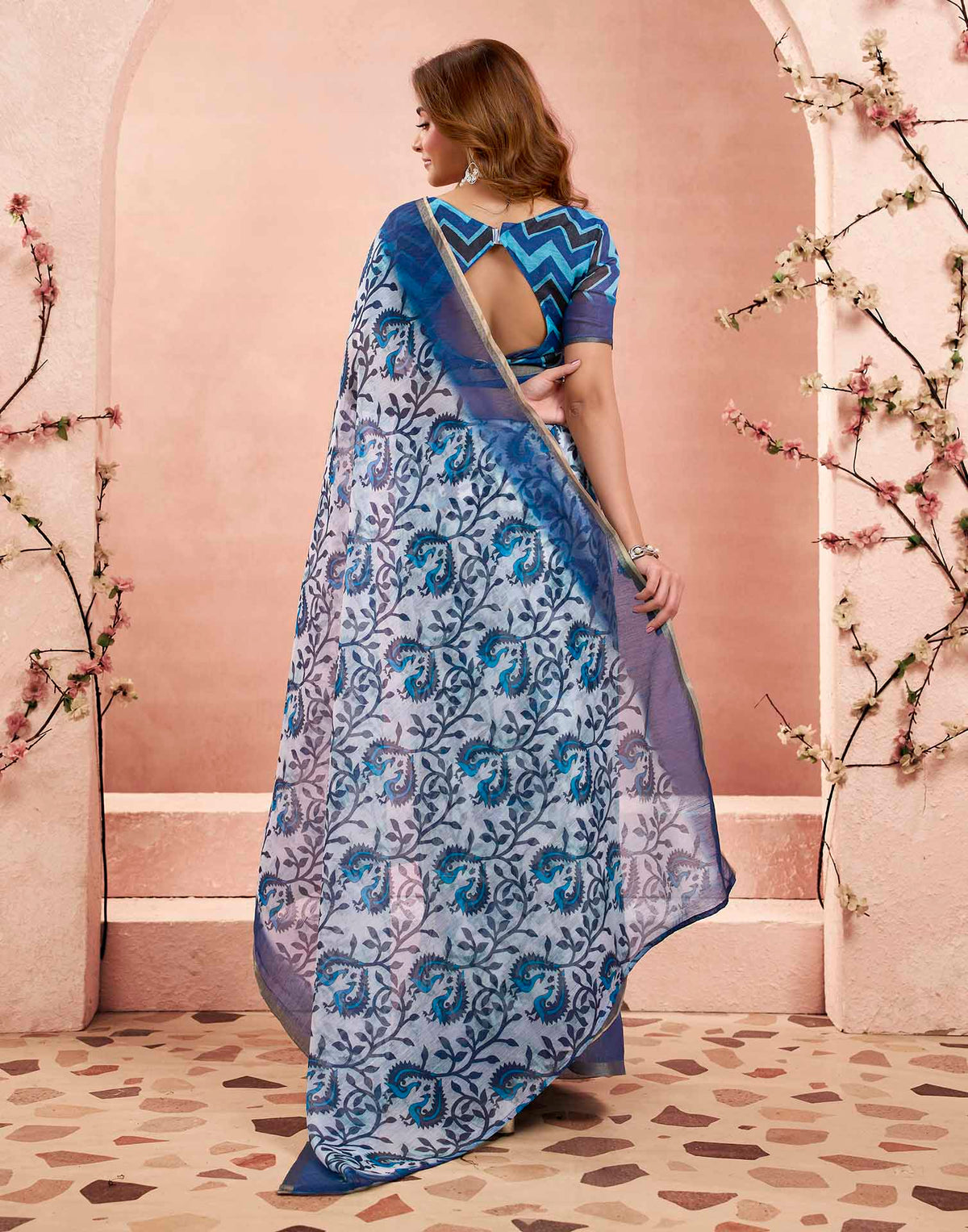 Ready To Wear Blue Linen Floral Printed Saree