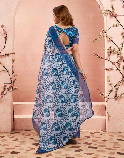 Ready To Wear Blue Linen Floral Printed Saree