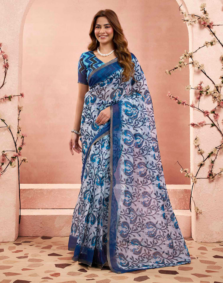 Ready To Wear Blue Linen Floral Printed Saree