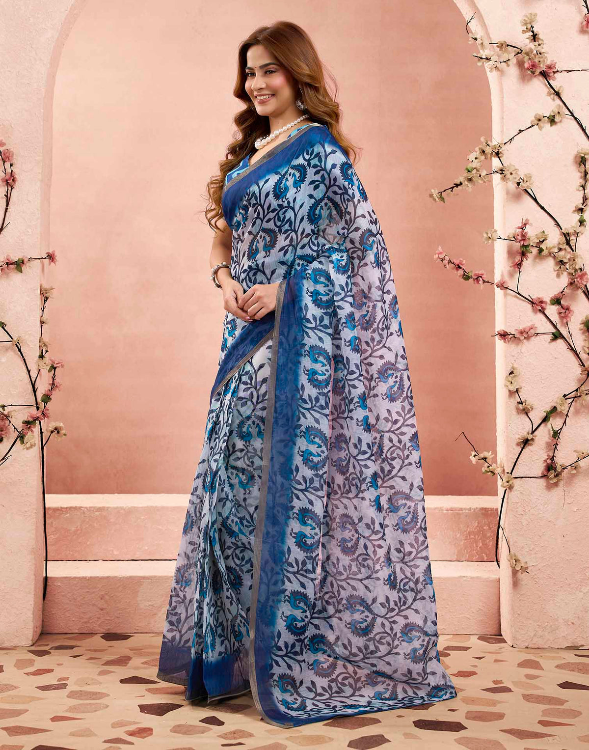 Ready To Wear Blue Linen Floral Printed Saree
