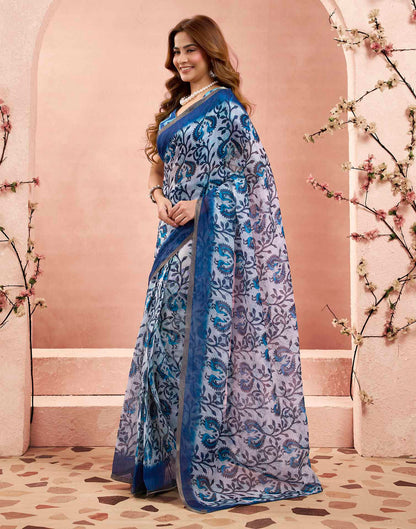 Ready To Wear Blue Linen Floral Printed Saree