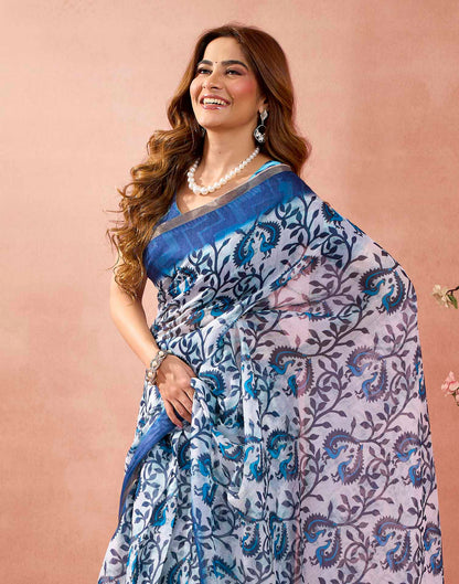 Ready To Wear Blue Linen Floral Printed Saree