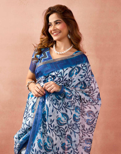 Ready To Wear Blue Linen Floral Printed Saree