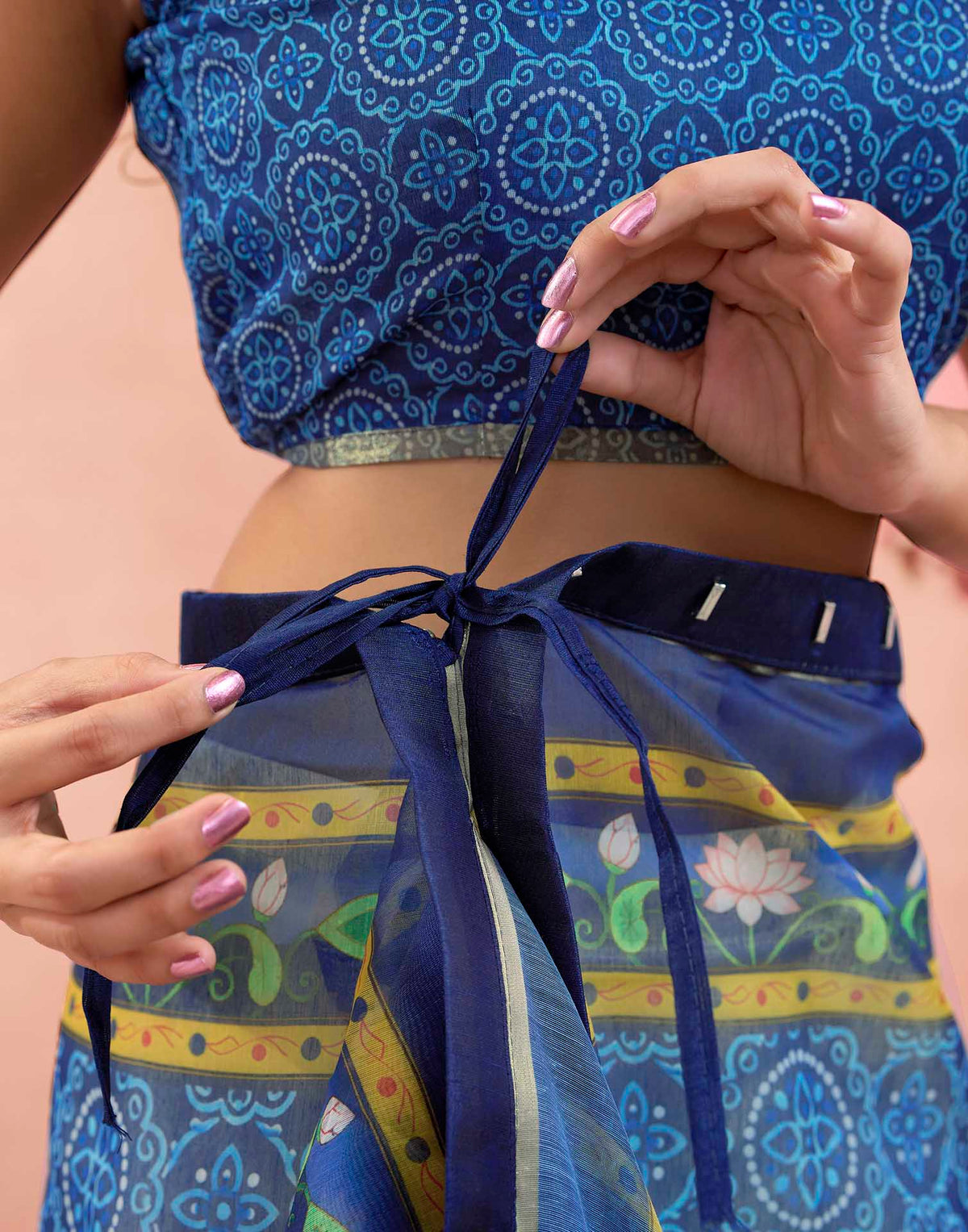 Ready To Wear Blue Linen Kalamkari Printed Saree
