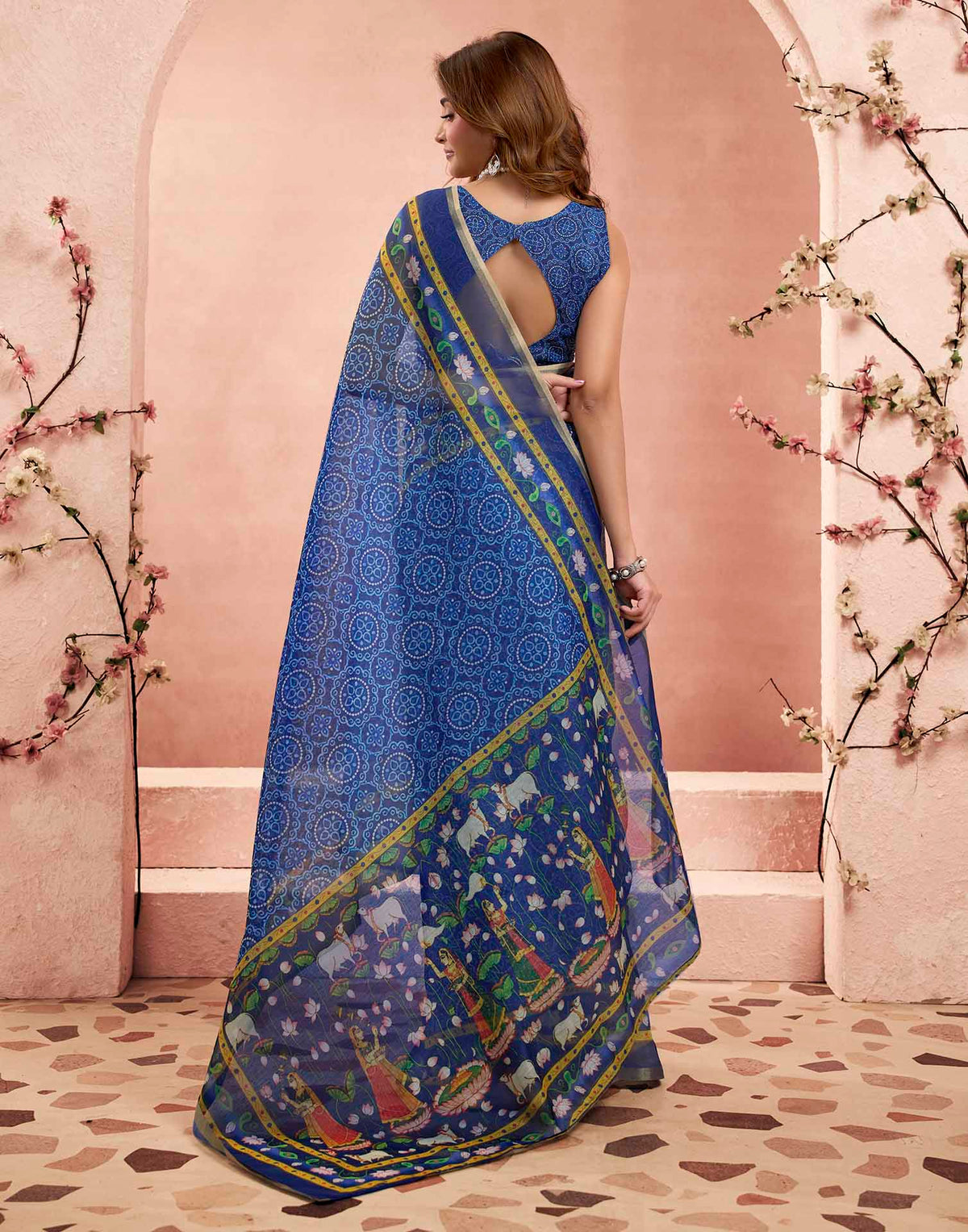 Ready To Wear Blue Linen Kalamkari Printed Saree