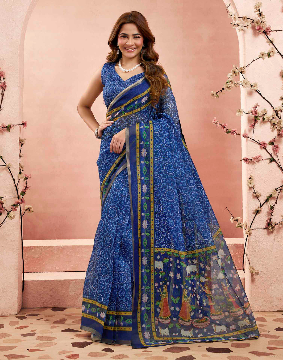 Ready To Wear Blue Linen Kalamkari Printed Saree
