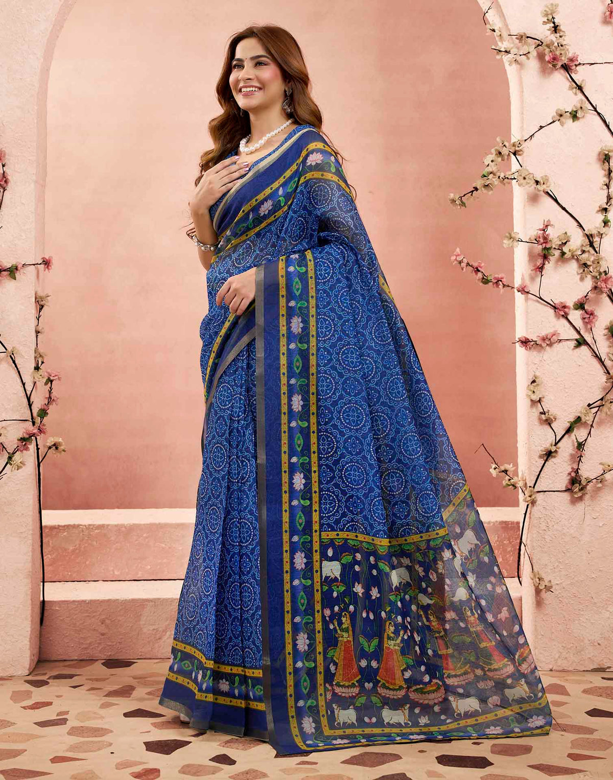 Ready To Wear Blue Linen Kalamkari Printed Saree