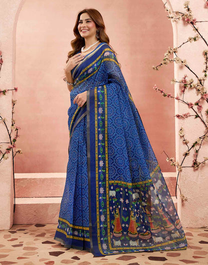 Ready To Wear Blue Linen Kalamkari Printed Saree