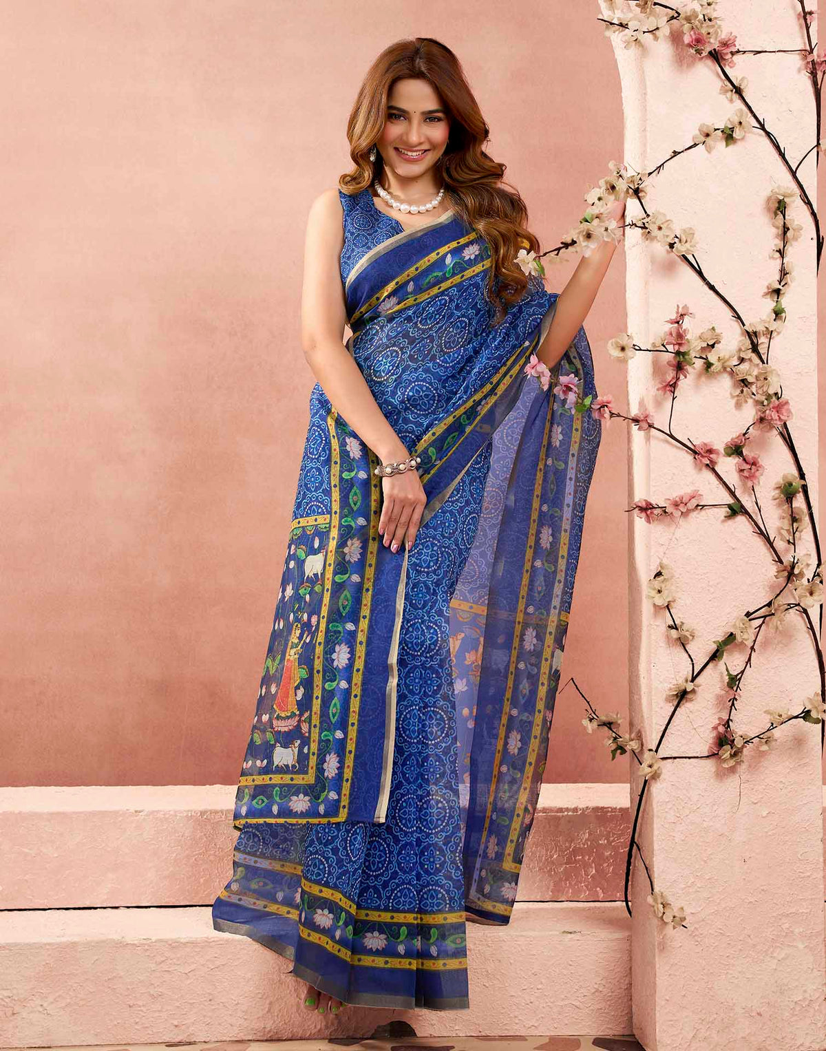 Ready To Wear Blue Linen Kalamkari Printed Saree