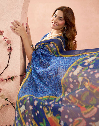 Ready To Wear Blue Linen Kalamkari Printed Saree