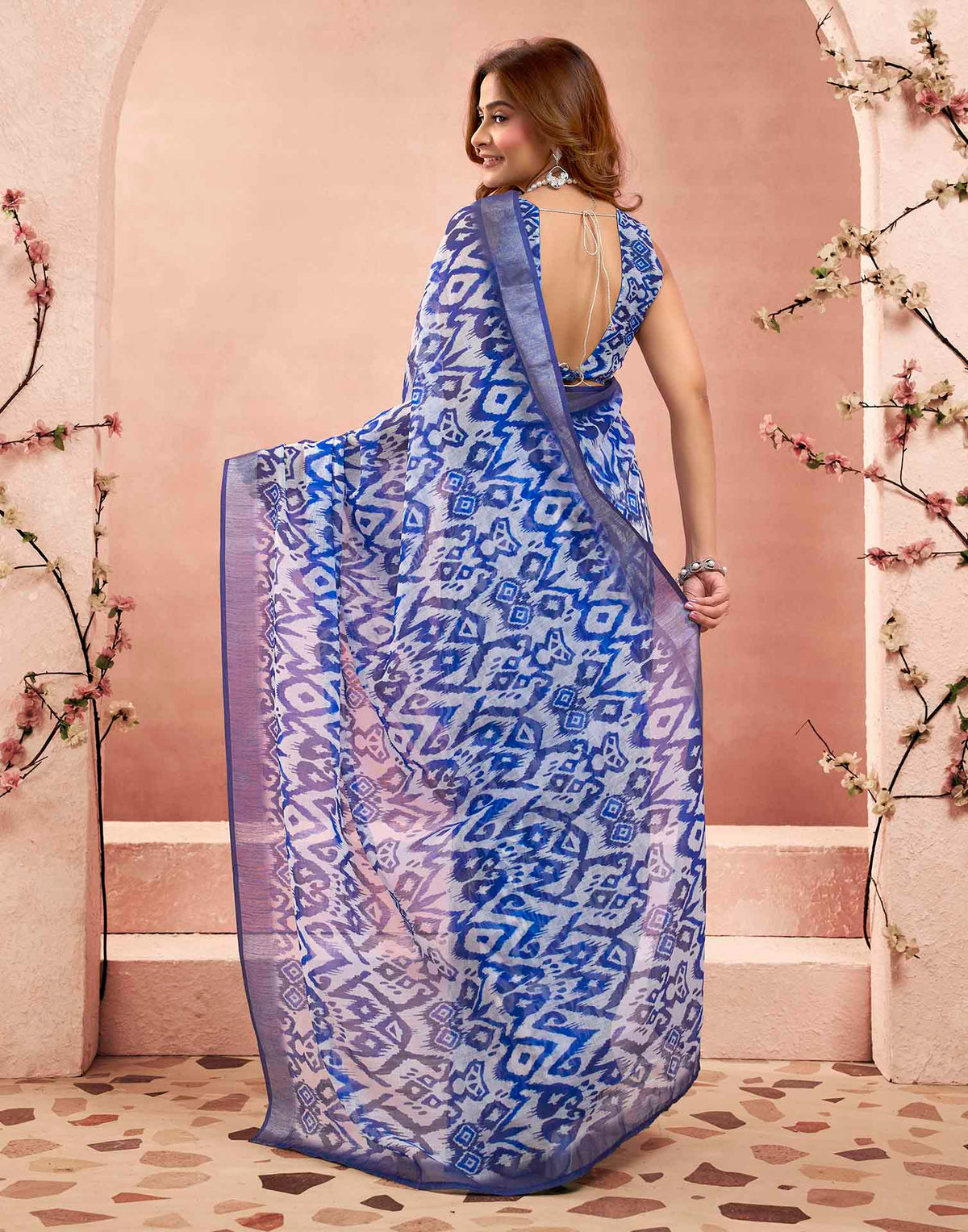 Ready To Wear Blue Linen Ikkat Printed Saree