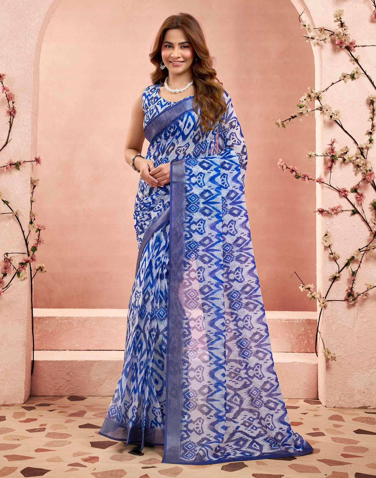 Ready To Wear Blue Linen Ikkat Printed Saree