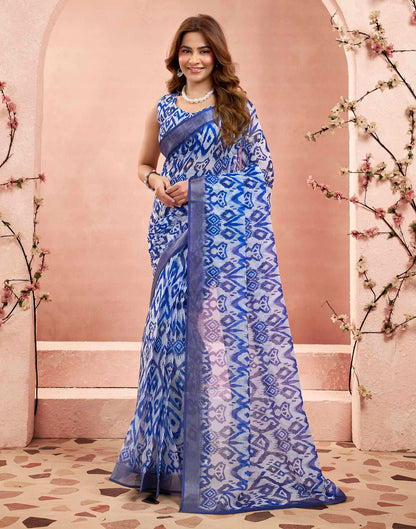 Ready To Wear Blue Linen Ikkat Printed Saree