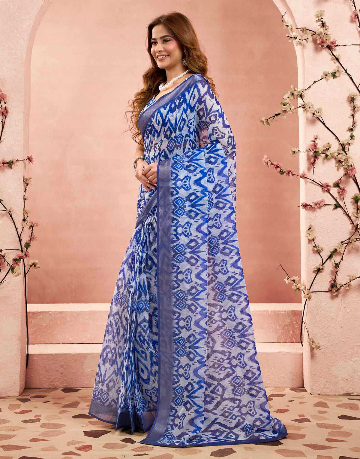 Ready To Wear Blue Linen Ikkat Printed Saree