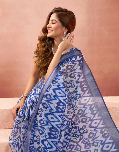 Ready To Wear Blue Linen Ikkat Printed Saree