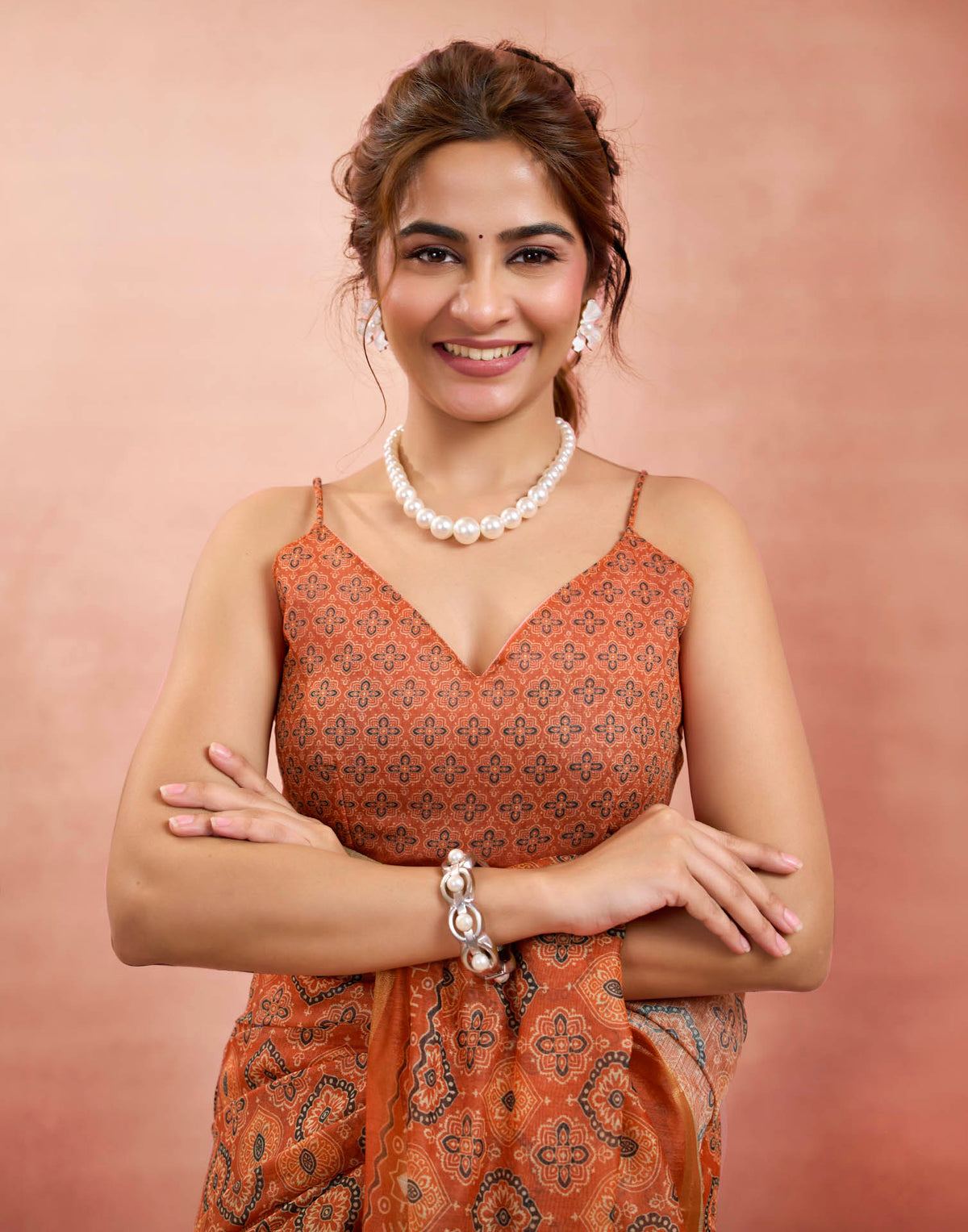 Ready To Wear Rust Linen Ajrakh Printed Saree