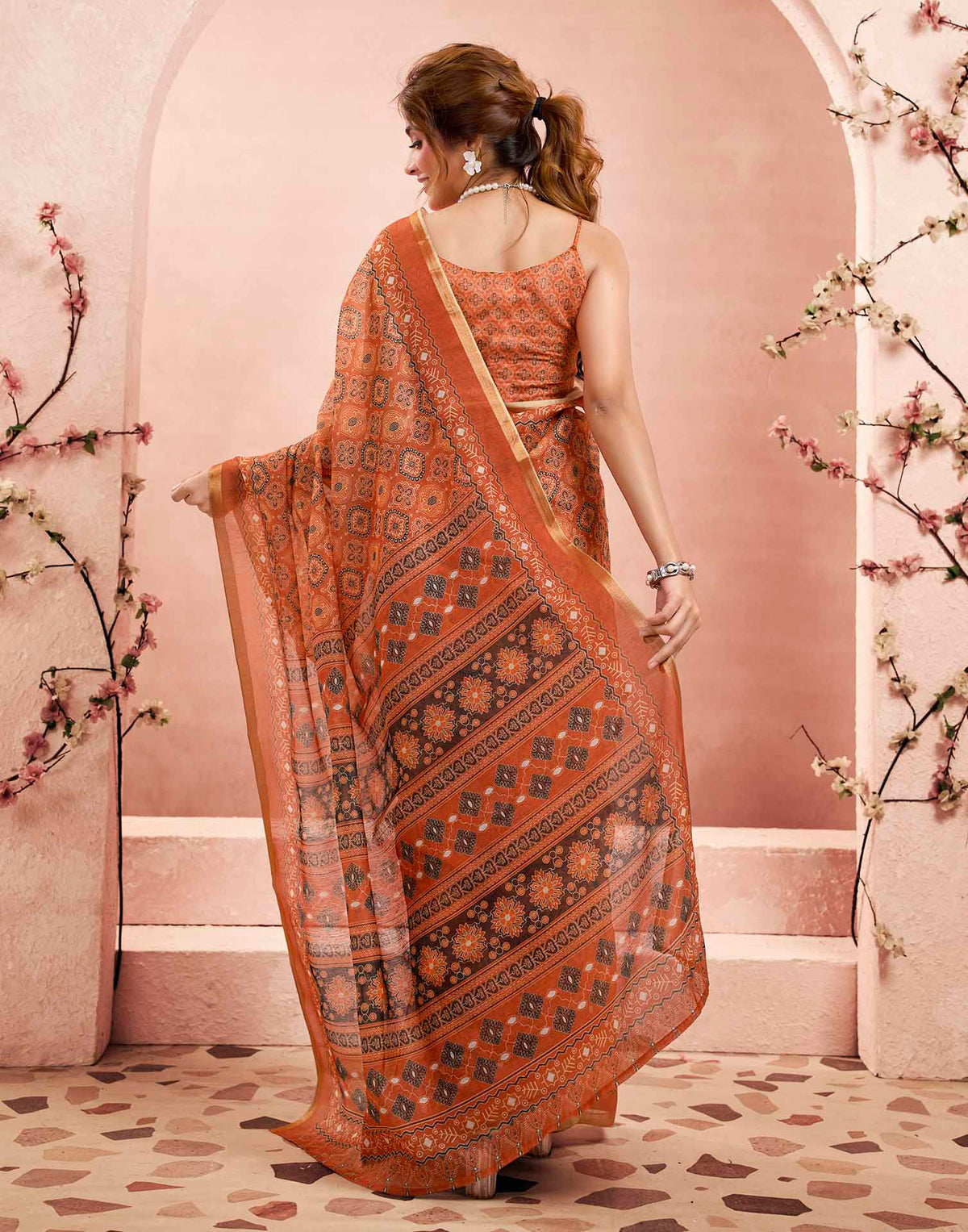 Ready To Wear Rust Linen Ajrakh Printed Saree
