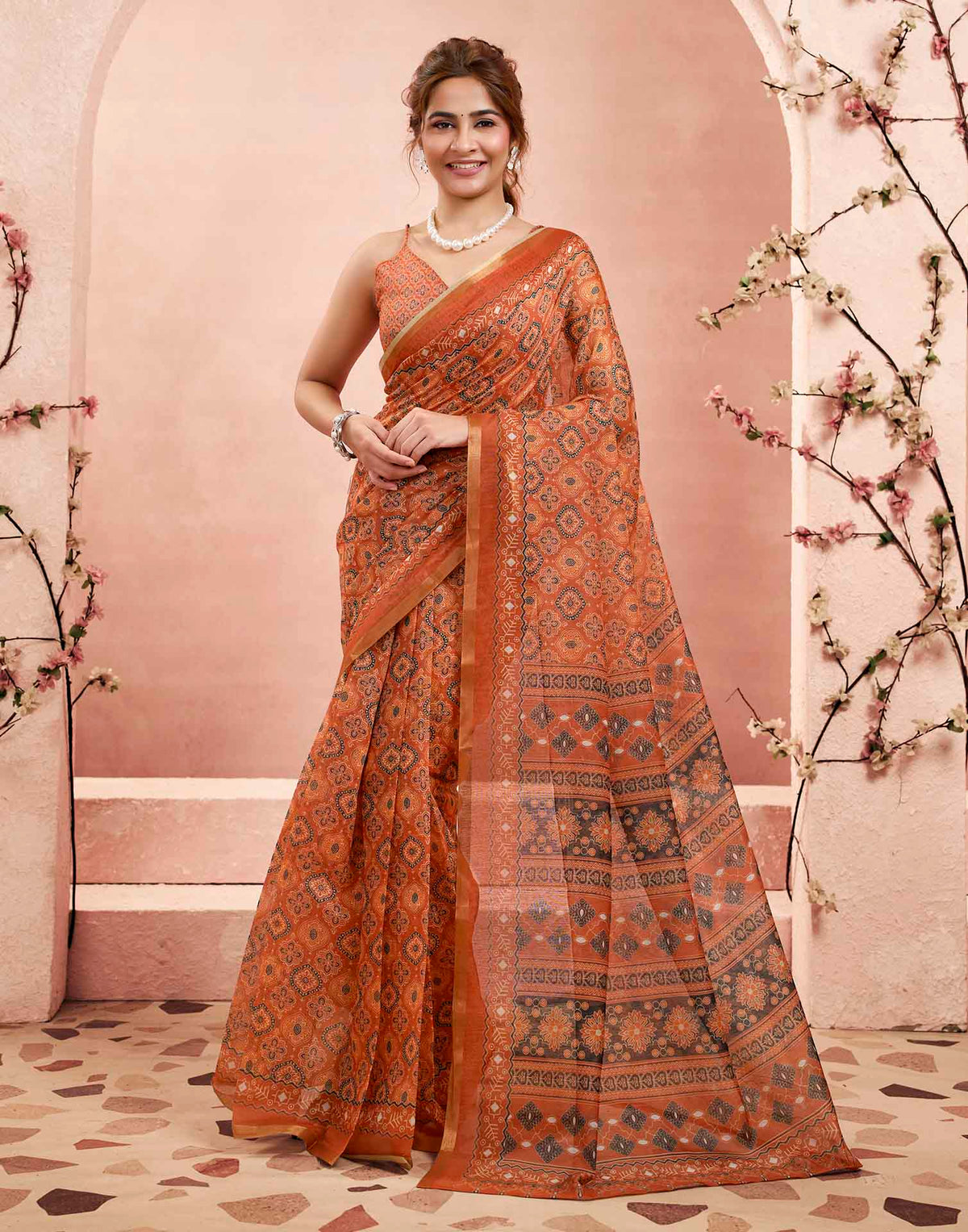Ready To Wear Rust Linen Ajrakh Printed Saree