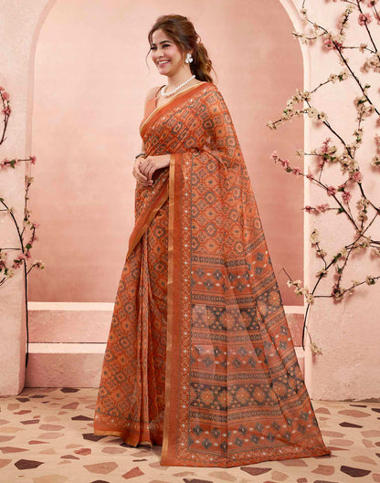 Ready To Wear Rust Linen Ajrakh Printed Saree