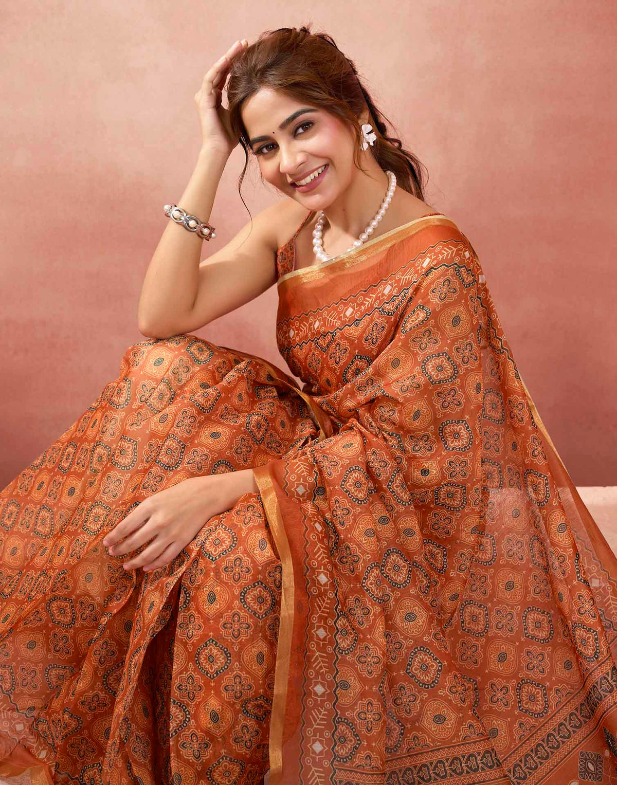 Ready To Wear Rust Linen Ajrakh Printed Saree
