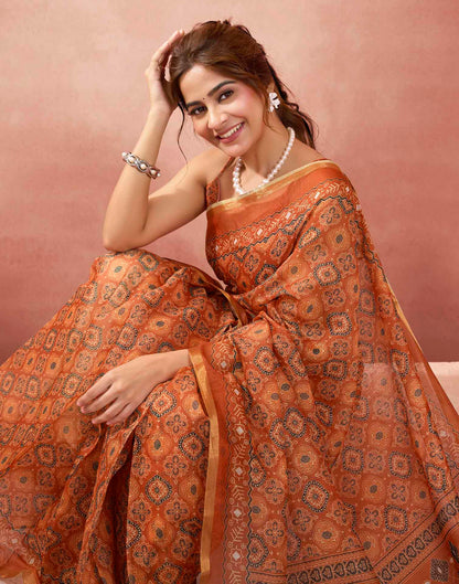 Ready To Wear Rust Linen Ajrakh Printed Saree