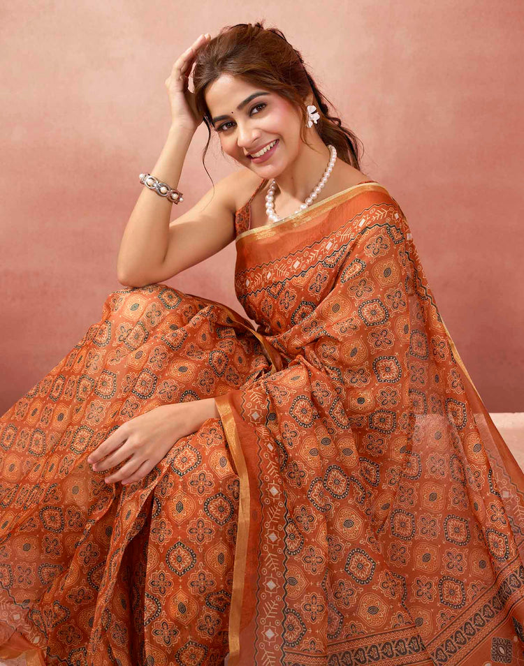 Ready To Wear Rust Linen Ajrakh Printed Saree