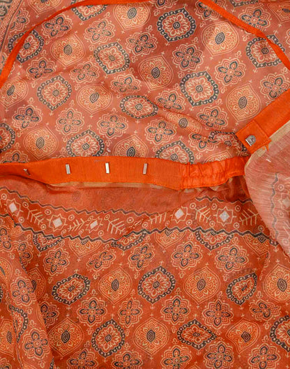 Ready To Wear Rust Linen Ajrakh Printed Saree