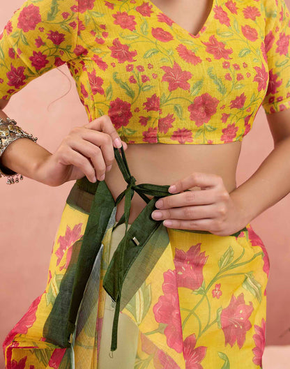 Ready To Wear Turmeric Yellow Linen Floral Printed Saree