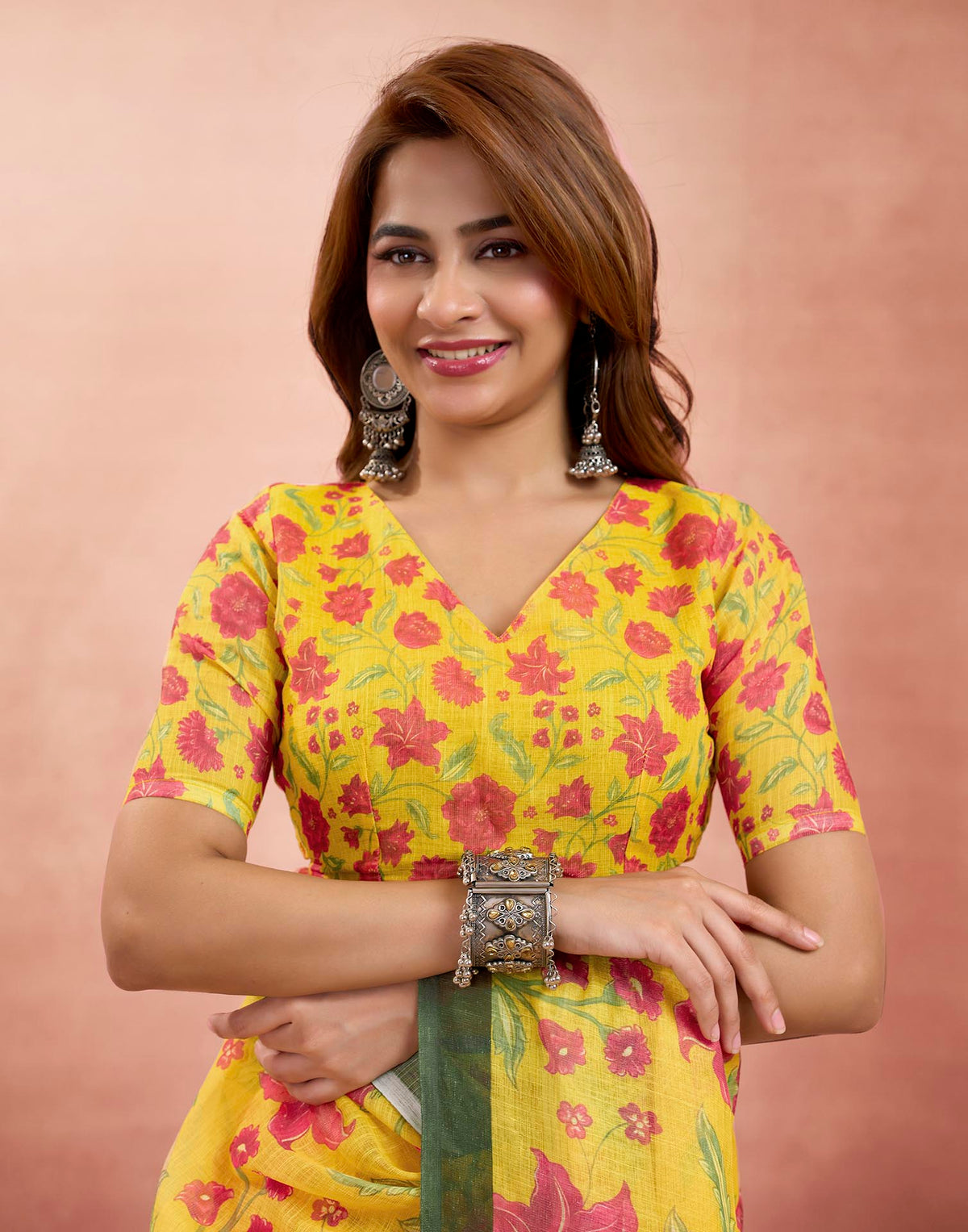 Ready To Wear Turmeric Yellow Linen Floral Printed Saree