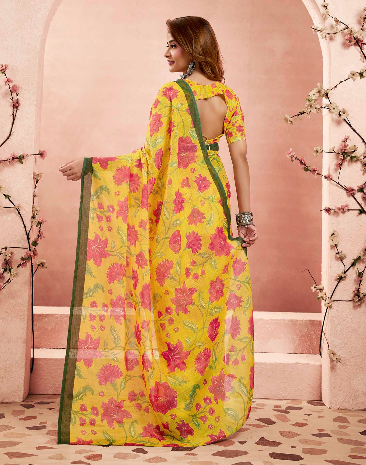 Ready To Wear Turmeric Yellow Linen Floral Printed Saree
