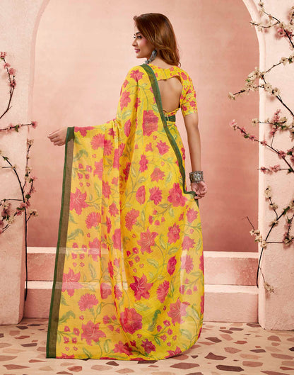 Ready To Wear Turmeric Yellow Linen Floral Printed Saree