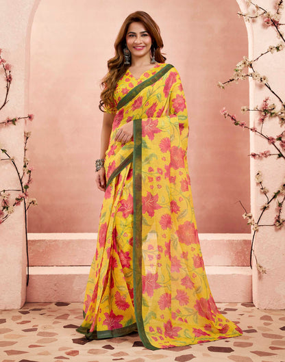 Ready To Wear Turmeric Yellow Linen Floral Printed Saree