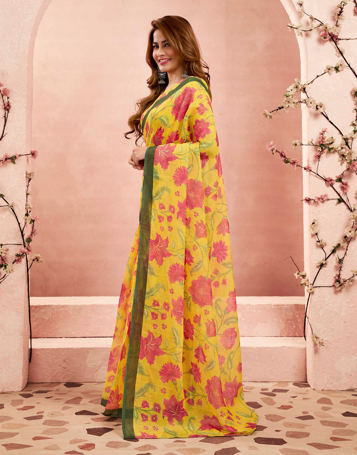 Ready To Wear Turmeric Yellow Linen Floral Printed Saree