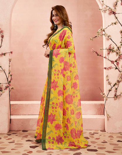 Ready To Wear Turmeric Yellow Linen Floral Printed Saree