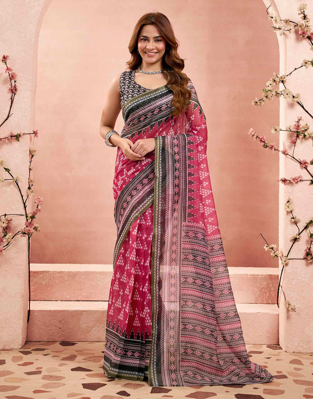 Ready To Wear Rani Pink Linen Sambalpuri Printed Saree