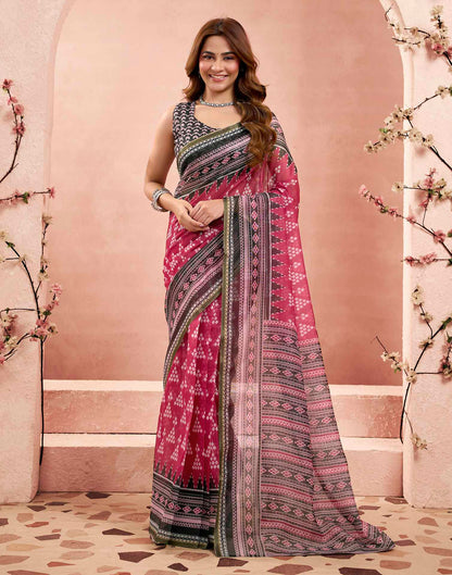 Ready To Wear Rani Pink Linen Sambalpuri Printed Saree