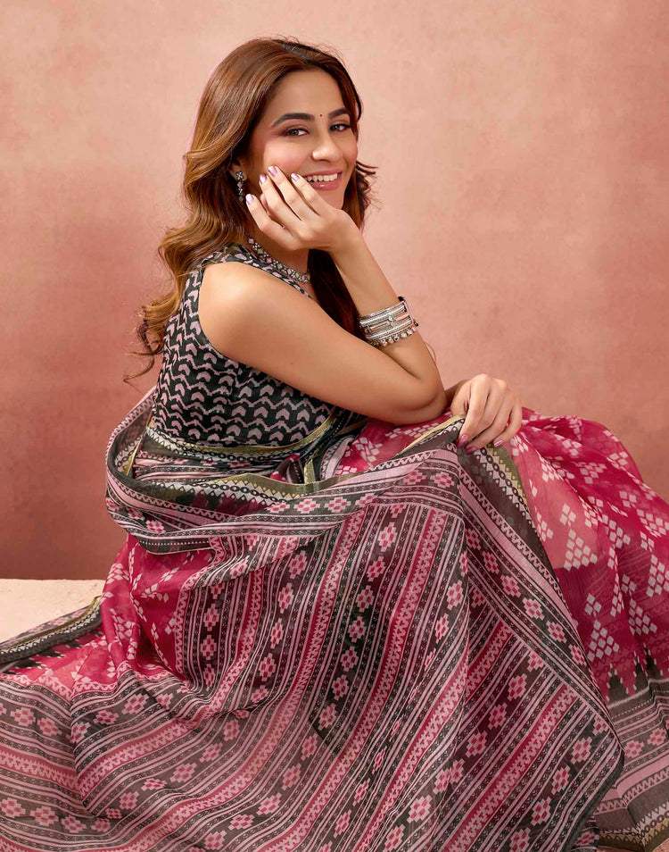 Ready To Wear Rani Pink Linen Sambalpuri Printed Saree