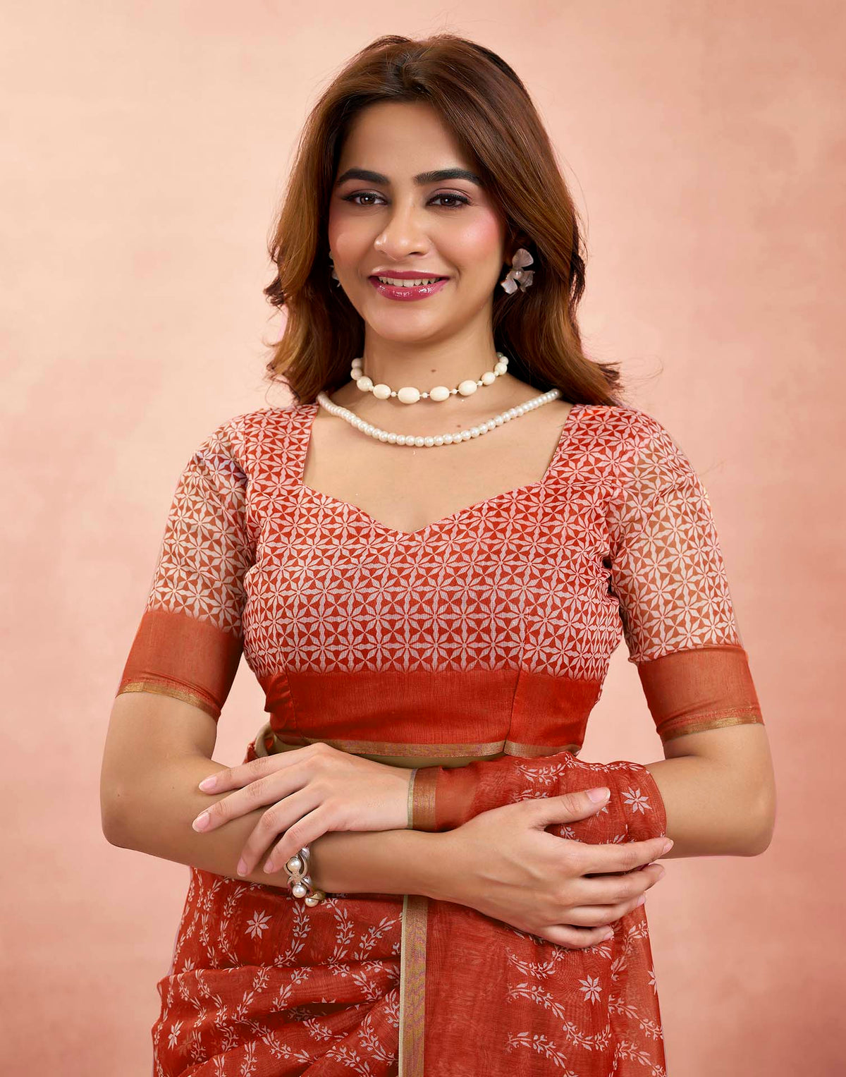 Ready To Wear Brick Red Linen Printed Saree