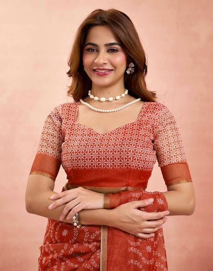 Ready To Wear Brick Red Linen Printed Saree