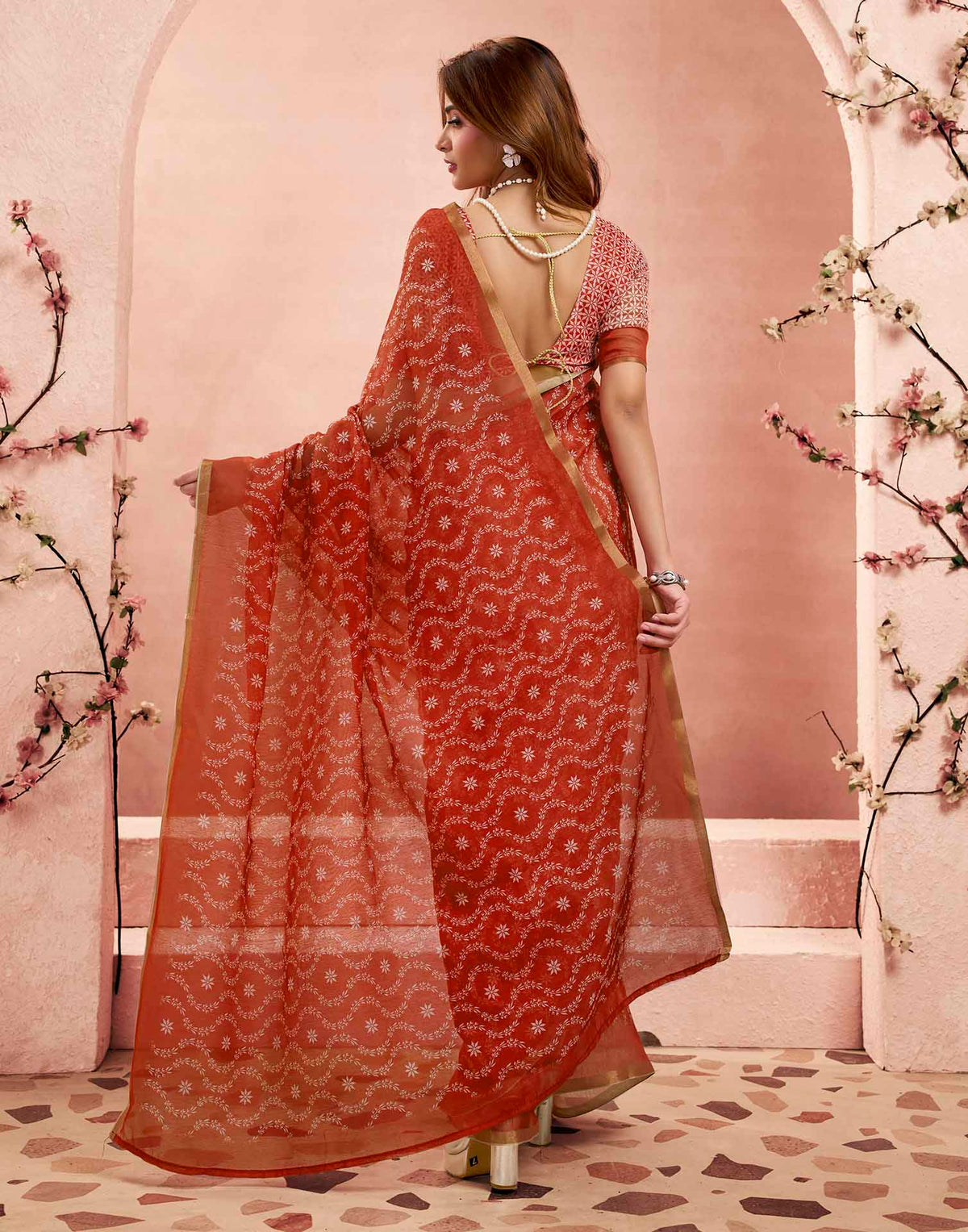 Ready To Wear Brick Red Linen Printed Saree