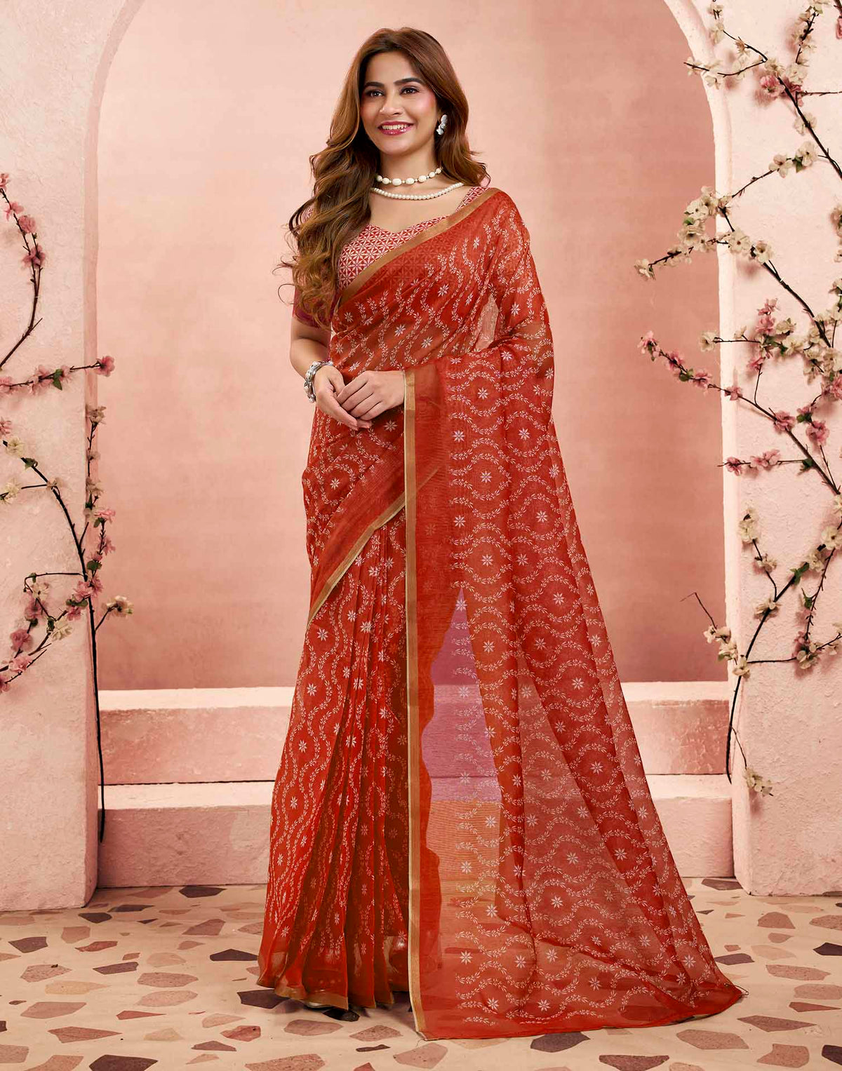 Ready To Wear Brick Red Linen Printed Saree