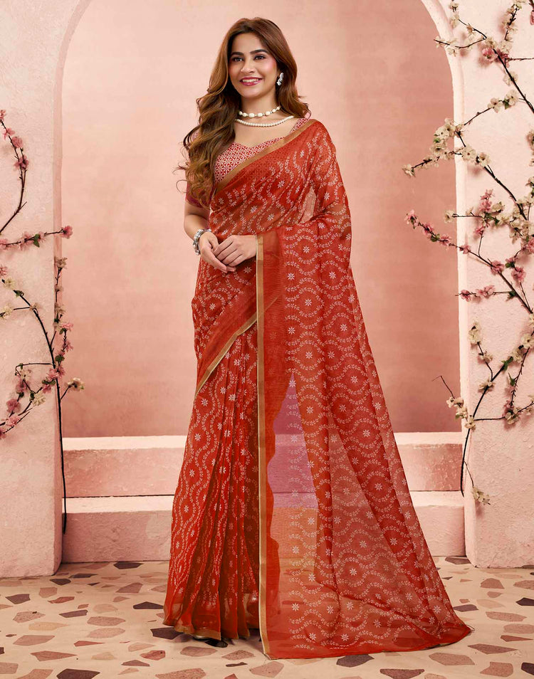Ready To Wear Brick Red Linen Printed Saree