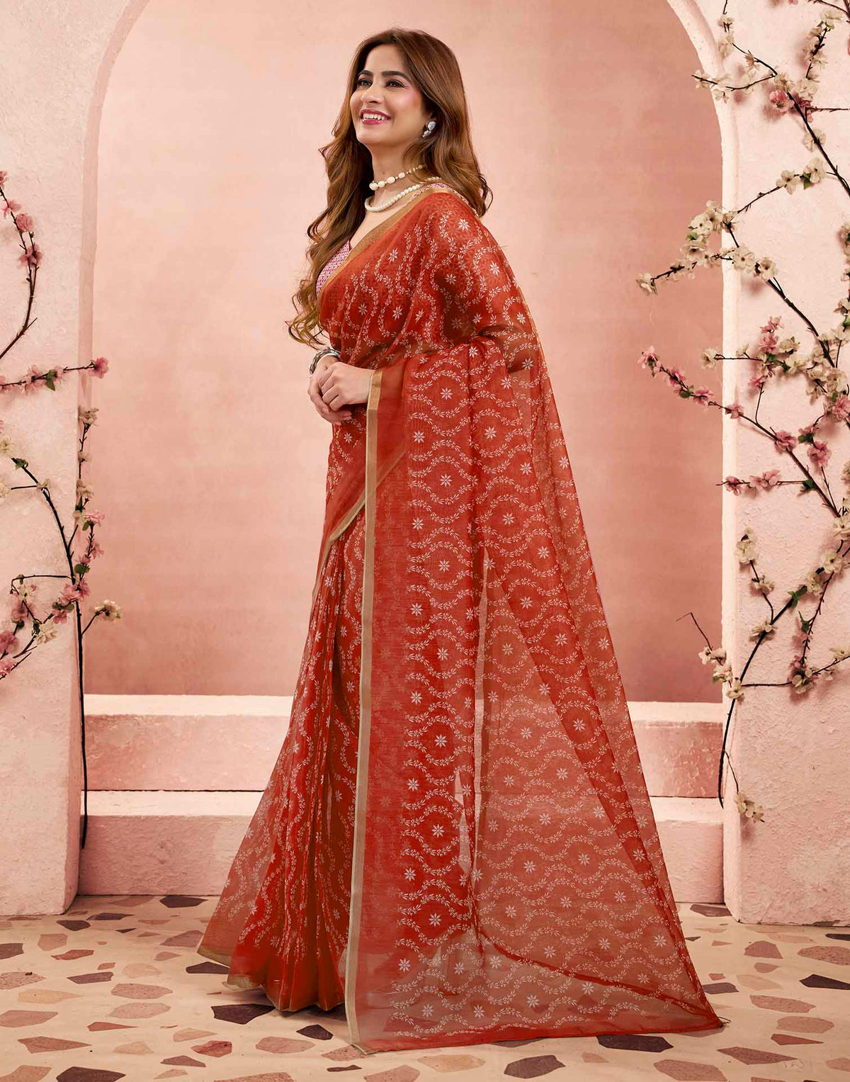 Ready To Wear Brick Red Linen Printed Saree