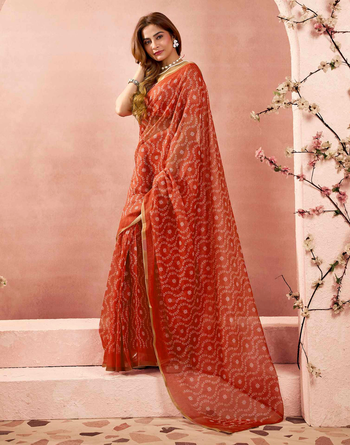 Ready To Wear Brick Red Linen Printed Saree