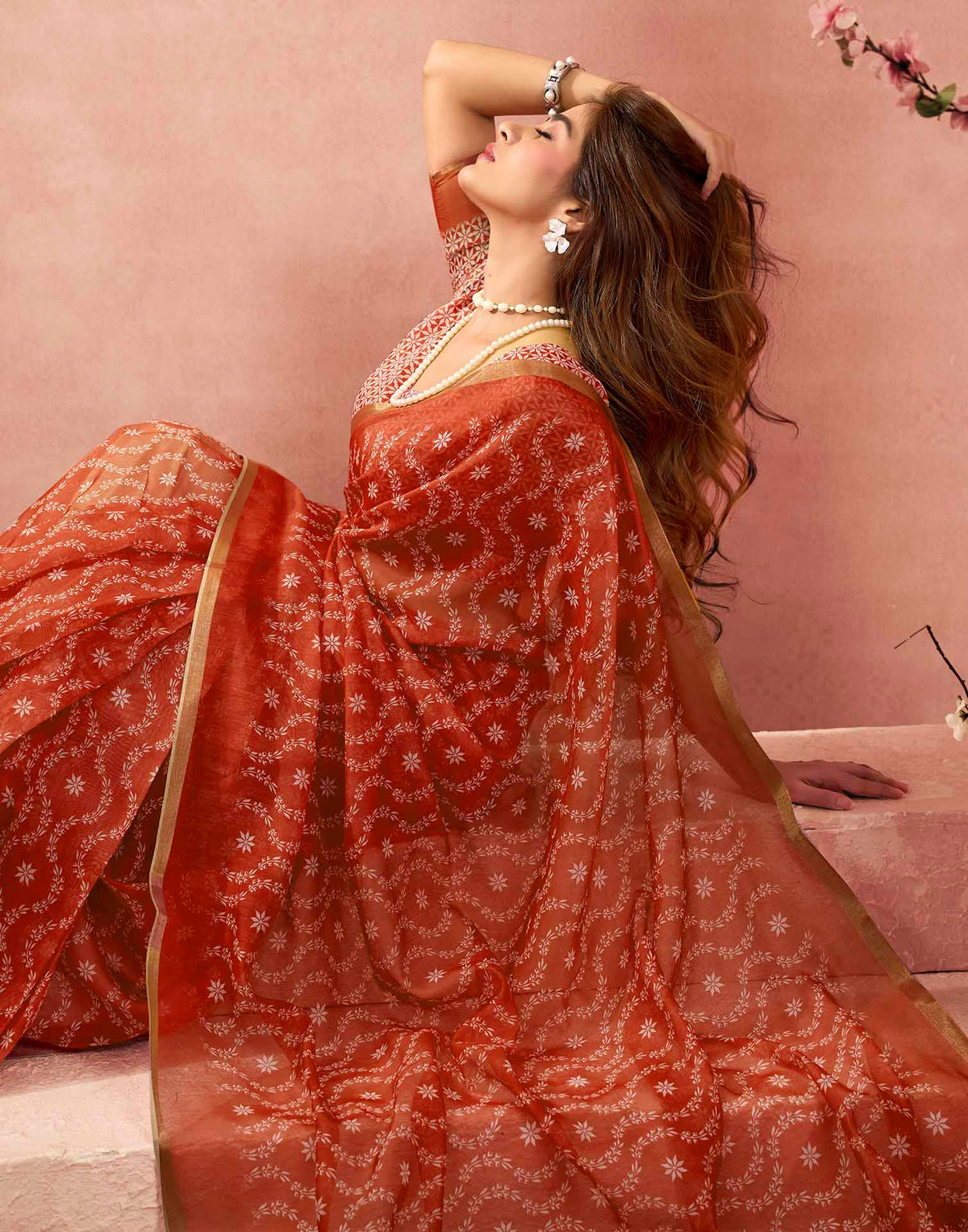 Ready To Wear Brick Red Linen Printed Saree