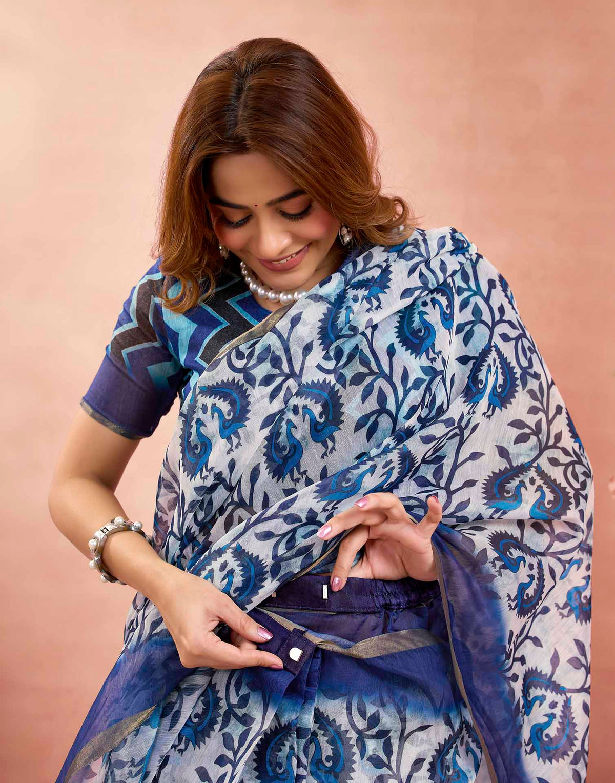 Ready To Wear Blue Linen Floral Printed Saree