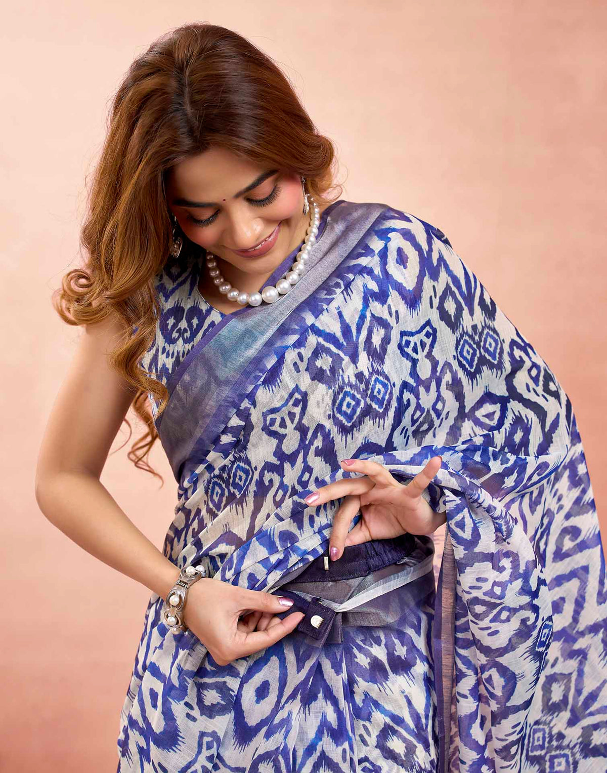 Ready To Wear Blue Linen Ikkat Printed Saree
